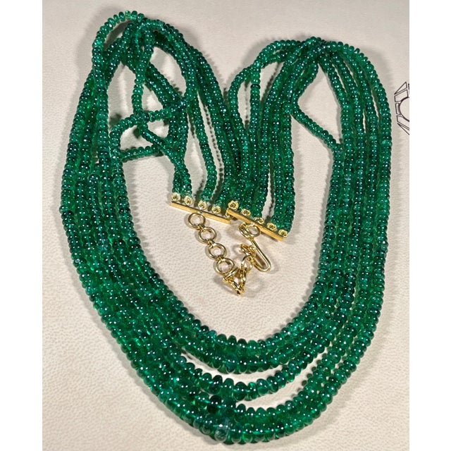 300ct Fine Emerald Beads 5 Line Necklace with 14 kt Yellow Gold Clasp Adjustable For Sale - Image 12 of 18