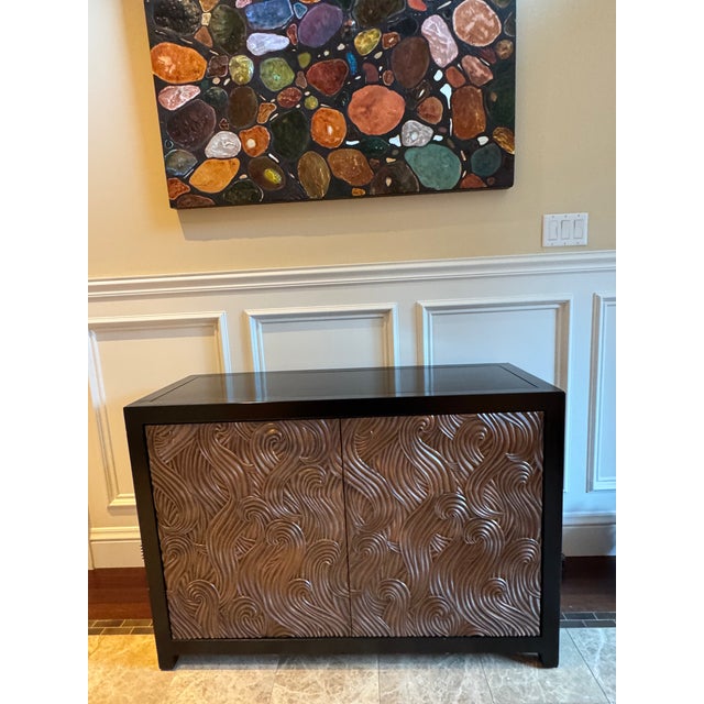 Art Deco Robert Kuo "Dragon Swirl" Bar Cabinet - Hand Repoussé Copper & Black Lacquer, Attributed For Sale - Image 3 of 17