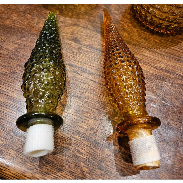 Pair of Vintage Glass Genie Bottles - Amber Diamond and Green Hobnail For Sale - Image 10 of 15