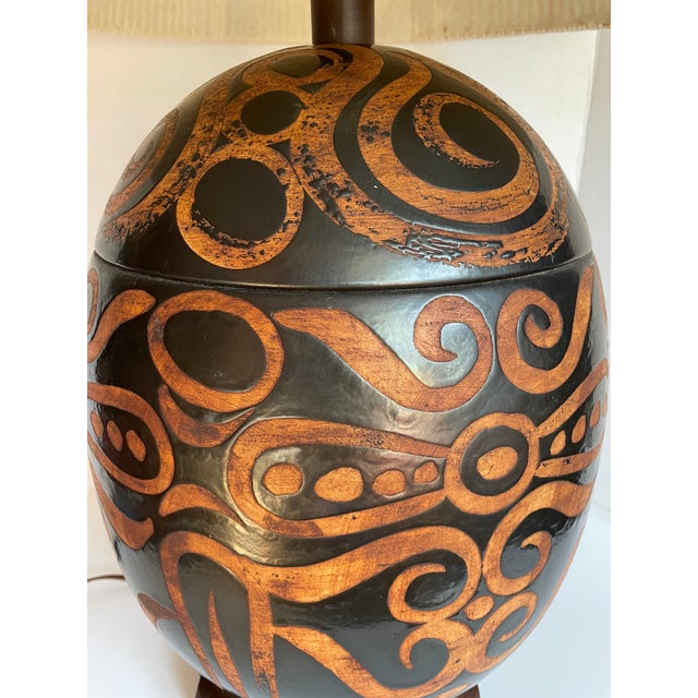 Wood 1960's Vintage Organic Modern Sculptural Ceramic Table Lamp With Rope Shade For Sale - Image 7 of 12