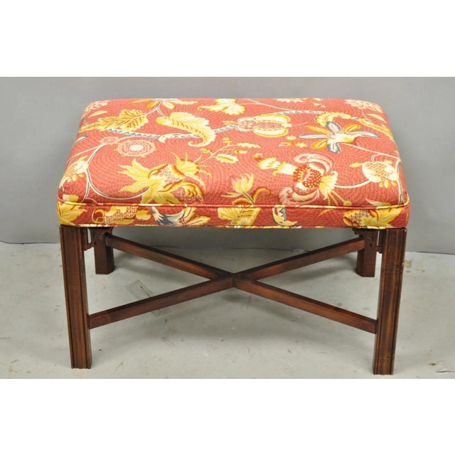 Chinese Vintage Chinese Chippendale Style Carved Mahogany Fretwork Bench Stool - Pair For Sale - Image 3 of 12