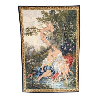 Vintage French Rococo Cherub and Garden Tapestry For Sale