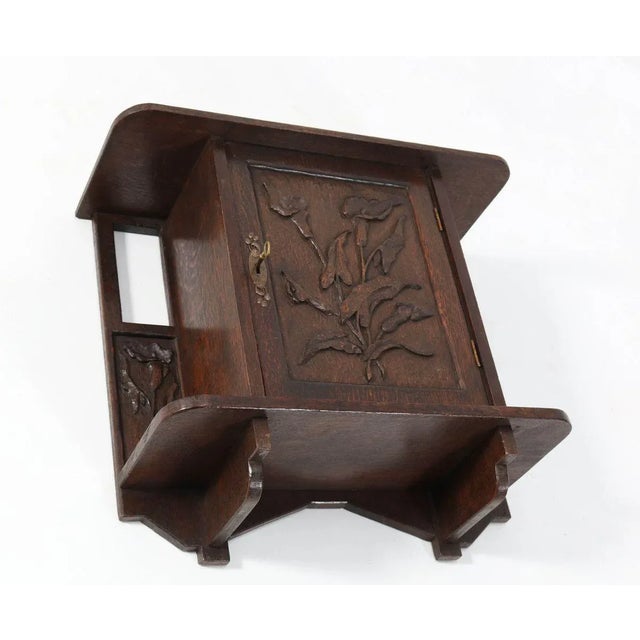 Wood Oak Arts & Crafts Art Nouveau Wall Cabinet with Calla Lilies, 1900s For Sale - Image 7 of 11