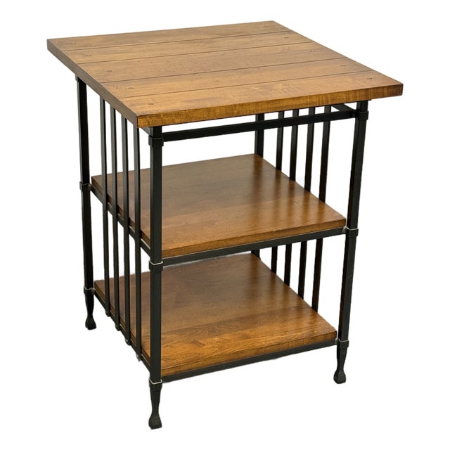 Industrial Iron + Wood Three Tier Side Table For Sale