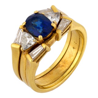 Vintage Sapphire Diamond 14k Yellow Gold Engagement Ring, Size 5 For Sale