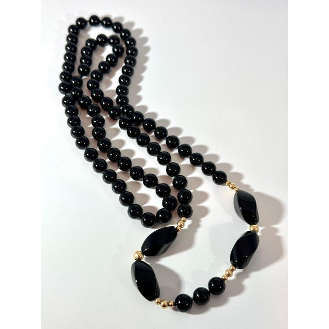 Round 8 MM Bead Black Onyx & 14 Karat Gold Bead Necklace 32 Inch Long For Sale In New York - Image 6 of 18