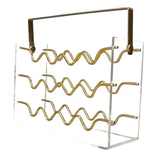 Vintage Acrylic Glass and Brass Magazine Holder, 1970s For Sale
