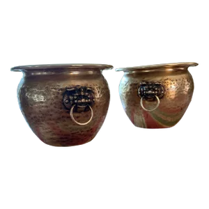 1970s Hammered Brass Cachepot Set With Foo Dog Handles- Set of 2
