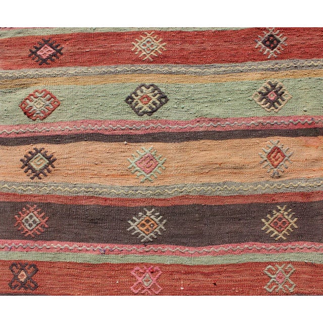 Colorful Vintage Embroidered Kilim Runner With Stripe's and Geometric Prints For Sale - Image 11 of 13