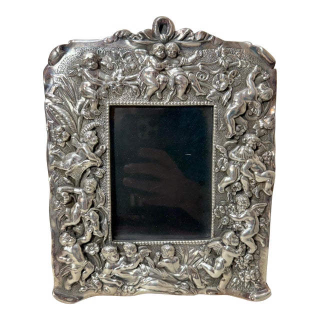 Vintage Ornate Sterling Silver 925 Figural Cherub Putti Picture Photograph Frame For Sale
