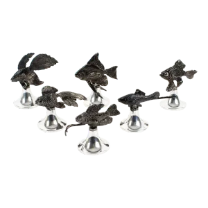 Gucci Italy Silver-plate and Black Metal Fish Place Card Holders - Set of 6