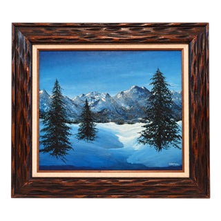 1976 Signed Winter Mountain Landscape Painting in Rustic Wood Frame For Sale