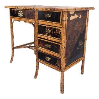 Antique Asian Oriental japaneese Burned Bamboo Hand Painted Decorated Desk Table For Sale