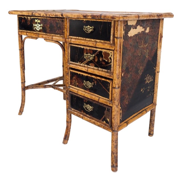 Antique Asian Oriental japaneese Burned Bamboo Hand Painted Decorated Desk Table For Sale