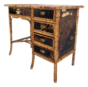 Antique Asian Oriental japaneese Burned Bamboo Hand Painted Decorated Desk Table