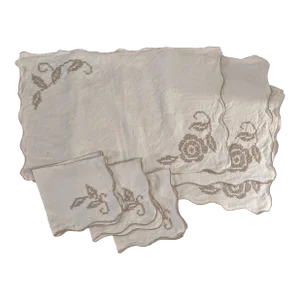 Mid 20th Century Hand Embroidered Floral Table Linens Set- 6 Pieces
