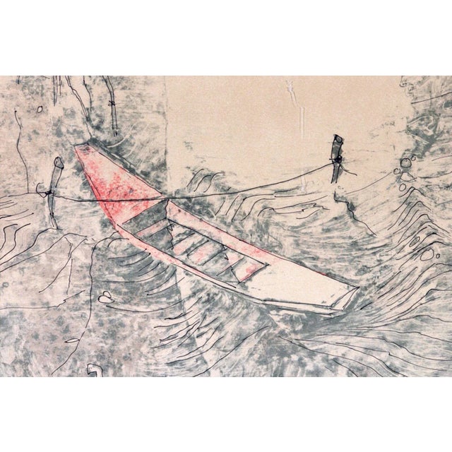 Lebadang Boat at Docks Signed Modern Lithograph with Intaglio H.C. Framed For Sale - Image 4 of 10