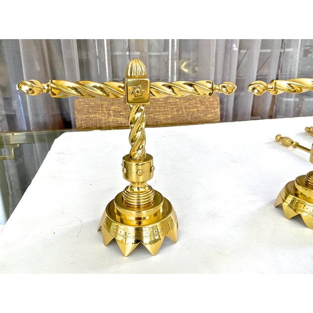 Late 20th Century Late 20th Century Aesthetic English Brass Fireplace Andiron Set - 5 Pieces For Sale - Image 5 of 13
