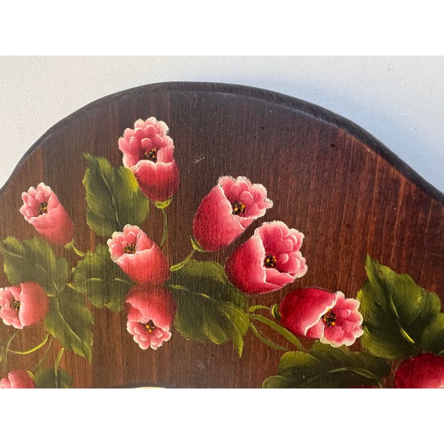 1970s Vintage Hand Painted Floral Wood Wall Mirror Folk Art Pink Flowers For Sale - Image 5 of 9
