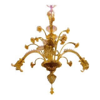 Vintage Italian Venetian Gold Murano Glass Floral Chandelier For Sale