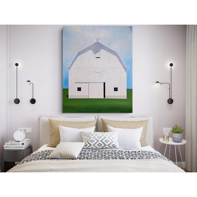 Down in the Valley by Justin Wheatley | Acrylic on Canvas White Barn in Green Field For Sale - Image 10 of 11
