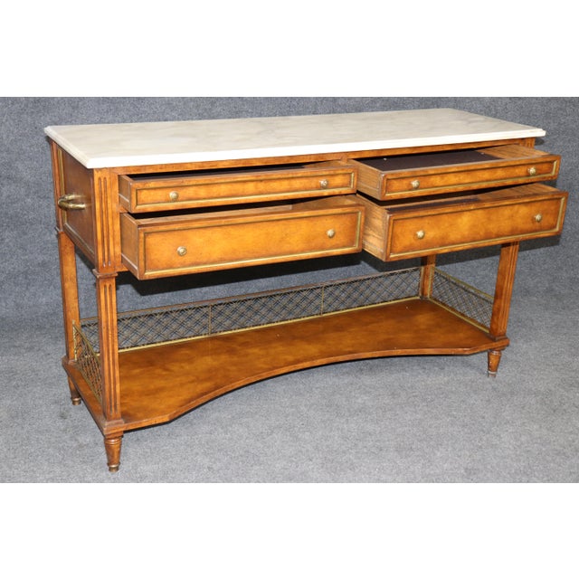 Louis XVI Style Brass Mounted Marble Top Two Tier Console Table For Sale - Image 4 of 16