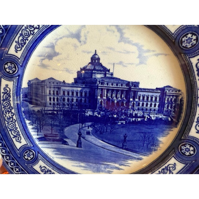 American Vintage Royal Doulton Flow Blue Library of Congress Architectural Transferware Plate For Sale - Image 3 of 12