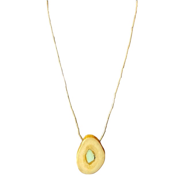 Mid 20th Century Bone Pendant Inlaid With Very Clean Robins Egg Blue Turquoise Stone on Liquid Silver Chain For Sale