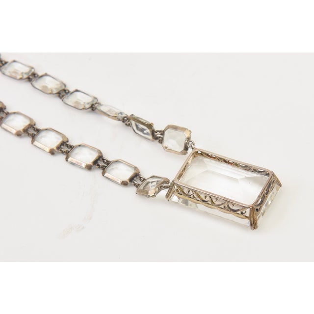 1930s Vintage Art Deco Crystal and Silver Long Necklace With Faceted Square Pendant For Sale - Image 5 of 11