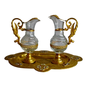 19th Century French Brass Enameled Cruet or Burettes Tray - 3 Piece Set