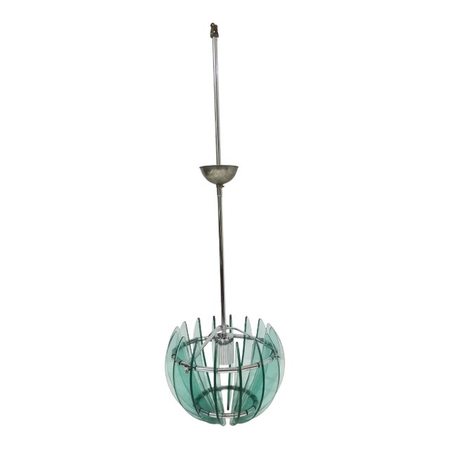 1970s Mid Century Italian Glass and Chrome Chandelier in the Style of Fontana Arte For Sale