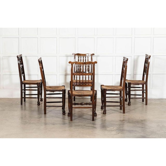 19th Century Farmhouse English Oak Harlequin Rush Spindle Back Dining Chairs, 1880, Set of 6 For Sale - Image 6 of 13