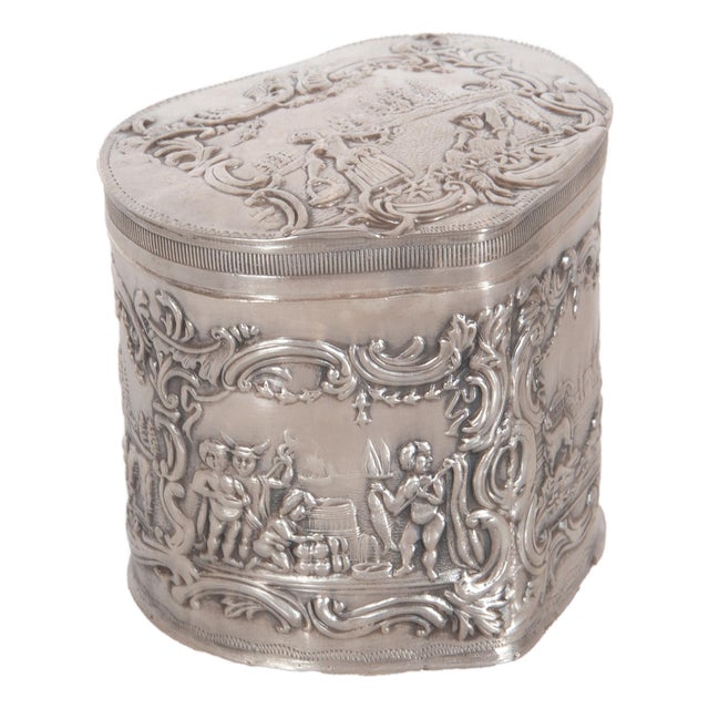 Antique Dutch Repousse Sterling Silver Heart Shaped Trinket Box Tea Caddy 1890 For Sale
