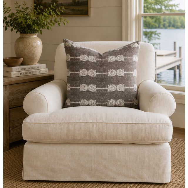 Nadia Floral Linen Pillow 22″X 22″ Double sided pillow cover in a warm brown and creamy white floral. Overlocked seams /...