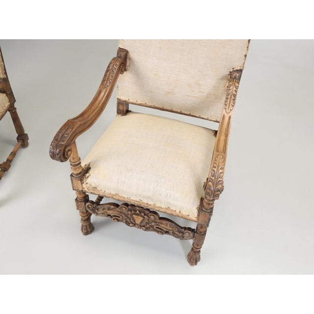 Vanilla Antique Pair of Italian Armchairs Hand Carved Walnut Require Restoration, C1880s For Sale - Image 8 of 12