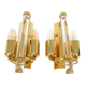Pair of Stilkronen Sconces Gold Plate & Crystal Wall Lights Mid-Century Modern