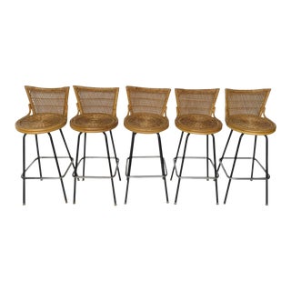 1960s Swivel Woven Rattan & Iron Base Bar Stools - Set of 5 For Sale