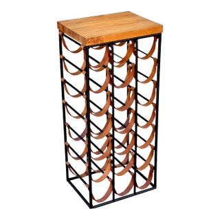 Mid-Century Modern 21 Bottle Wine Rack in Leather & Wrought Iron W/ Butcher Block Top Attributed Arthur Umanoff, Usa, C. 1960s For Sale