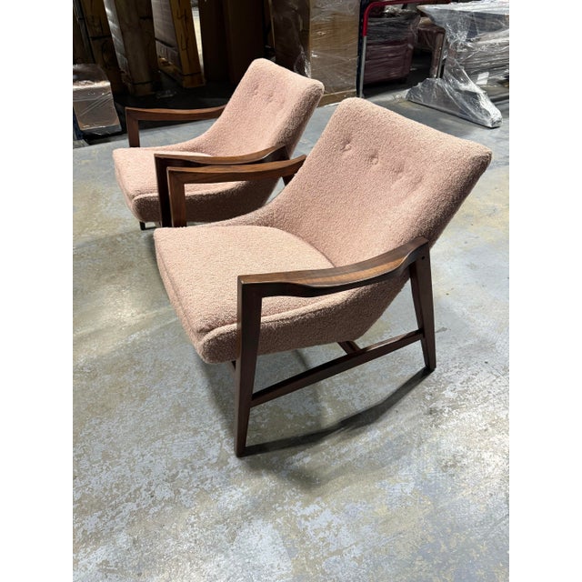 Mid-Century Modern Style Lounge Chairs - Solid Walnut Frames with Pink Boucle For Sale - Image 13 of 13
