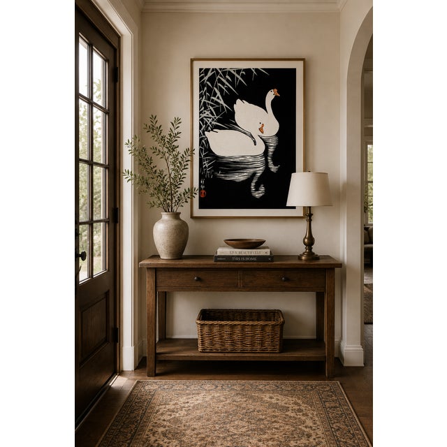 White Chinese Geese Swimming, Vintage Japanese Woodblock Print Reproduction, 32" X 48" For Sale - Image 10 of 11