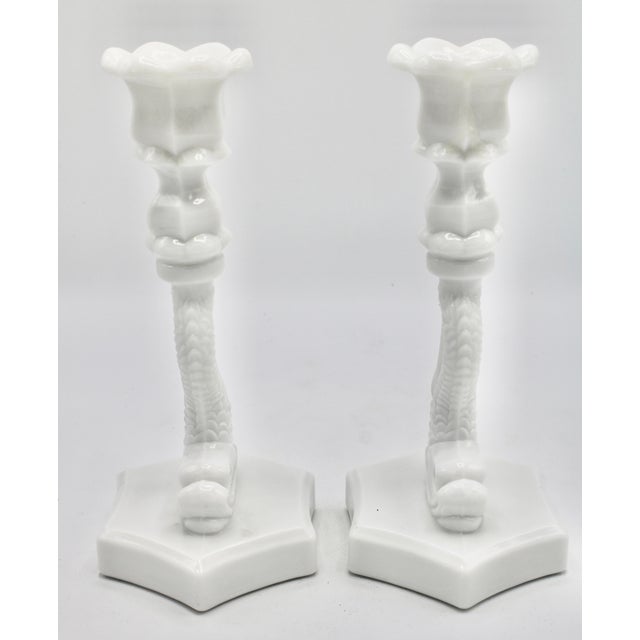 Mid 20th Century Vintage Coastal White Milk Glass Dolphin Form Candlesticks For Sale - Image 5 of 10