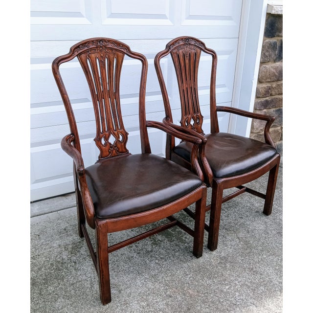 Wood Elevate Your Space With This Exceptional Pair of Jonathan Charles Mahogany Leather Armchairs. For Sale - Image 7 of 12