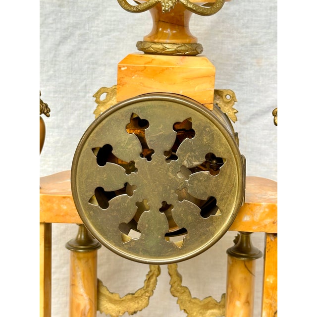 Peach 19th Century Louis XVI French Neoclassical Marble and Gilt Bronze Mantel Clock and 5 Arm Candelabra Garniture Set For Sale - Image 8 of 12