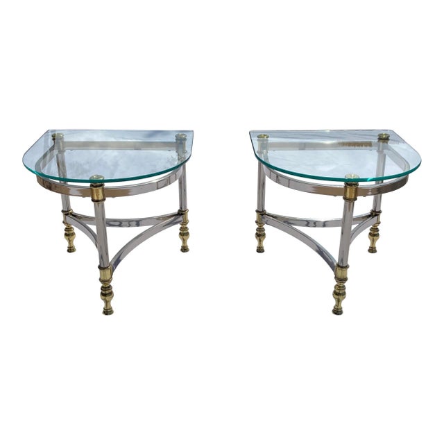 Pair of demi-lune Maison Baguès or Jansen style side or drink tables in chrome brass and glass, manner of Mastercraft,...