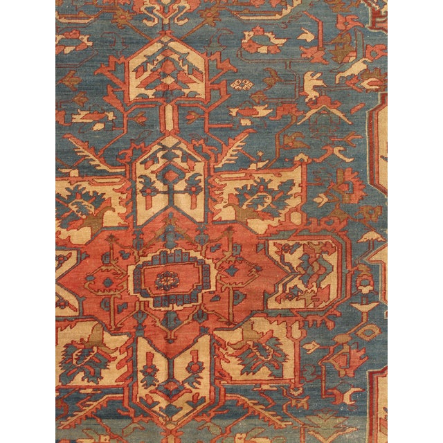 Antique Persian Serapi Carpet, Handmade Rug Light Blue, Ivory, Rusty Red For Sale - Image 9 of 12