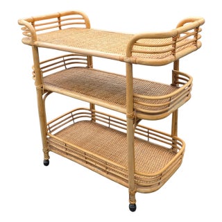 Vintage Coastal Three-Tier Rattan and Wicker Bar Cart or Étagère on Casters For Sale