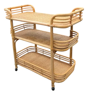 Vintage Coastal Three-Tier Rattan and Wicker Bar Cart or Étagère on Casters