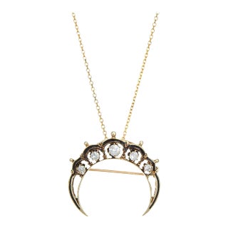 Mid 20th Century Crescent Moon Diamond Pendant Vintage 14k Yellow Gold Necklace Celestial For Sale