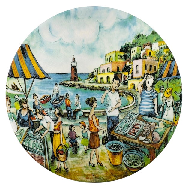 1980s Vintage Brunelli Designs Made in Italy Folk Art Market Scene Ceramic Salad Plates - Set of 6 For Sale - Image 10 of 18