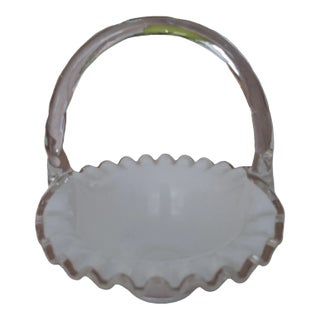 Mid 20th Century Fenton Silver Crest Milk Glass Faux Bamboo Style Glass Handle Basket Signed on Bottom For Sale
